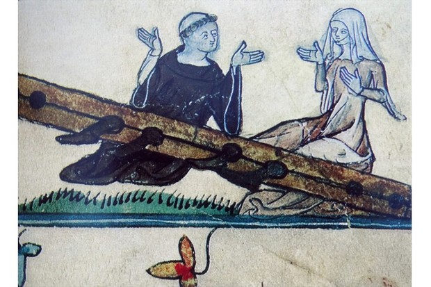 Miniature of a monk and his mistress in the stocks